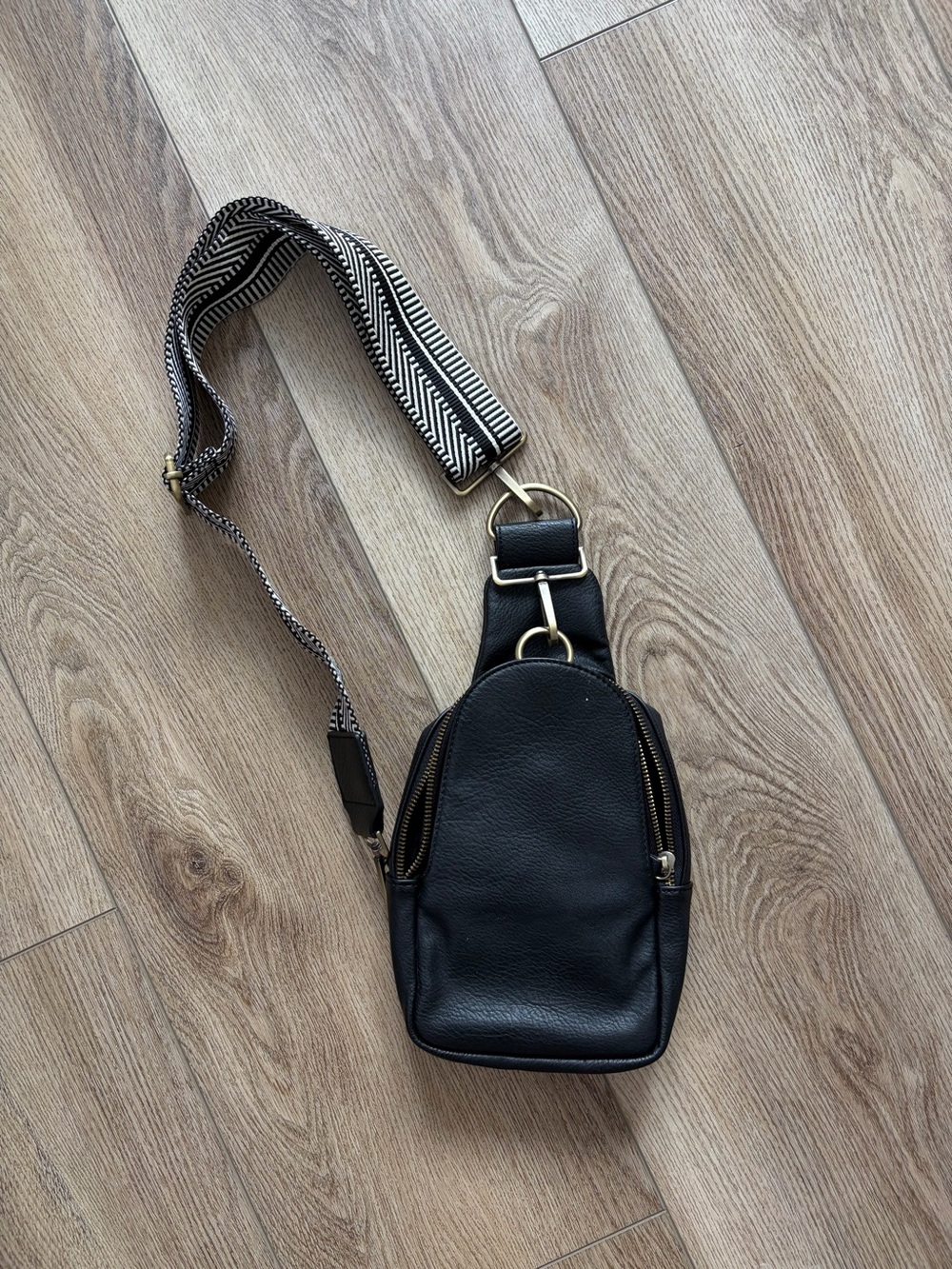 Anthropologie Black Leather Crossbody Sling Bag with Patterned Strap